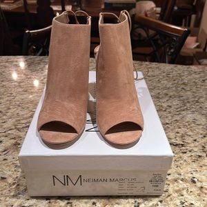 Camel suede open toe heels with ties size 10